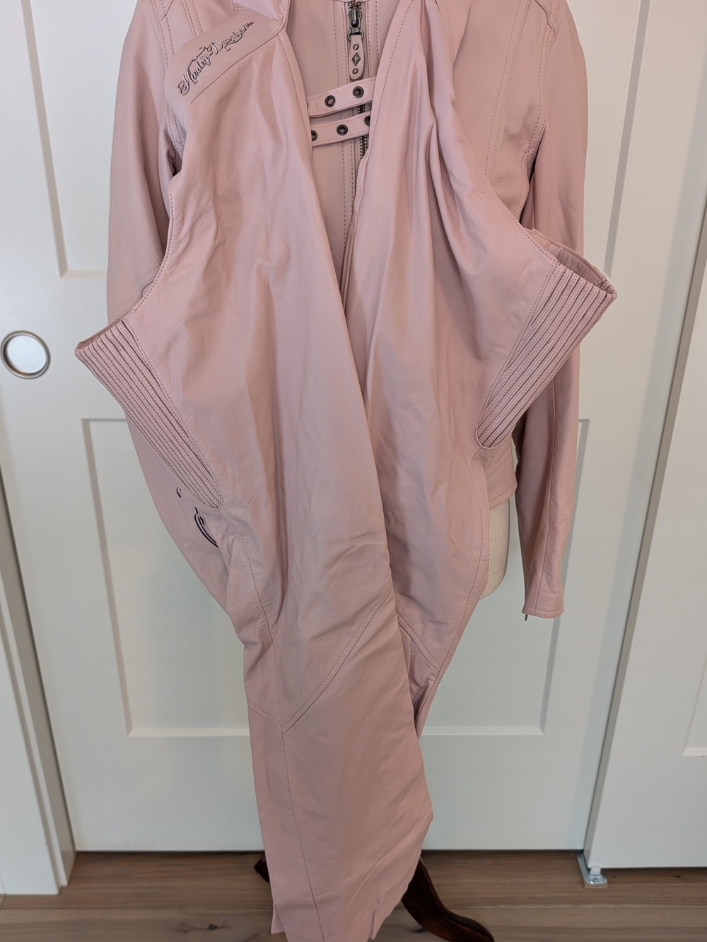 Harley-Davidson Blush Pink Leather Zip Motorcycle Jacket With Matching Chaps - Picture 6 of 7